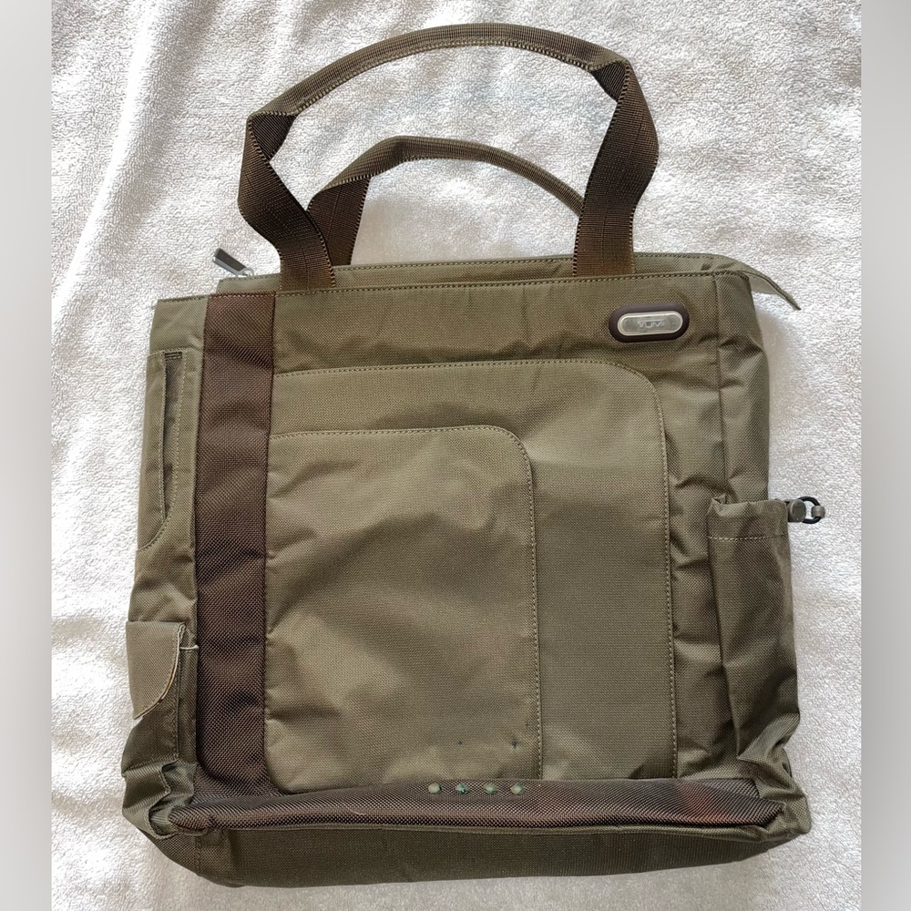 Tumi Olive Green Tote with Brown Accents, Multiple pockets - LIKE NEW